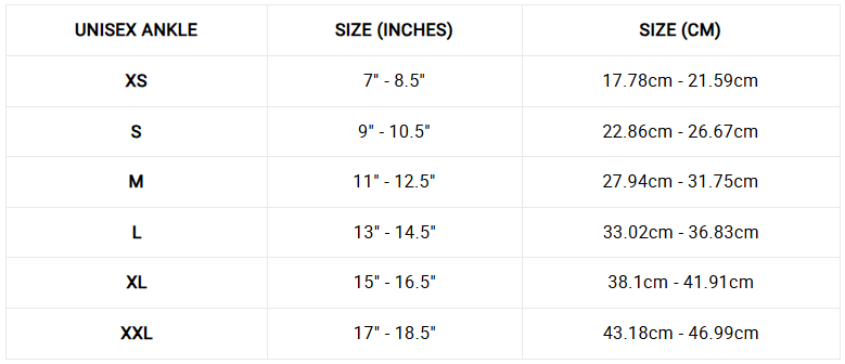 Size guide for COPPER 88™ Unisex Compression Ankle Sleeve